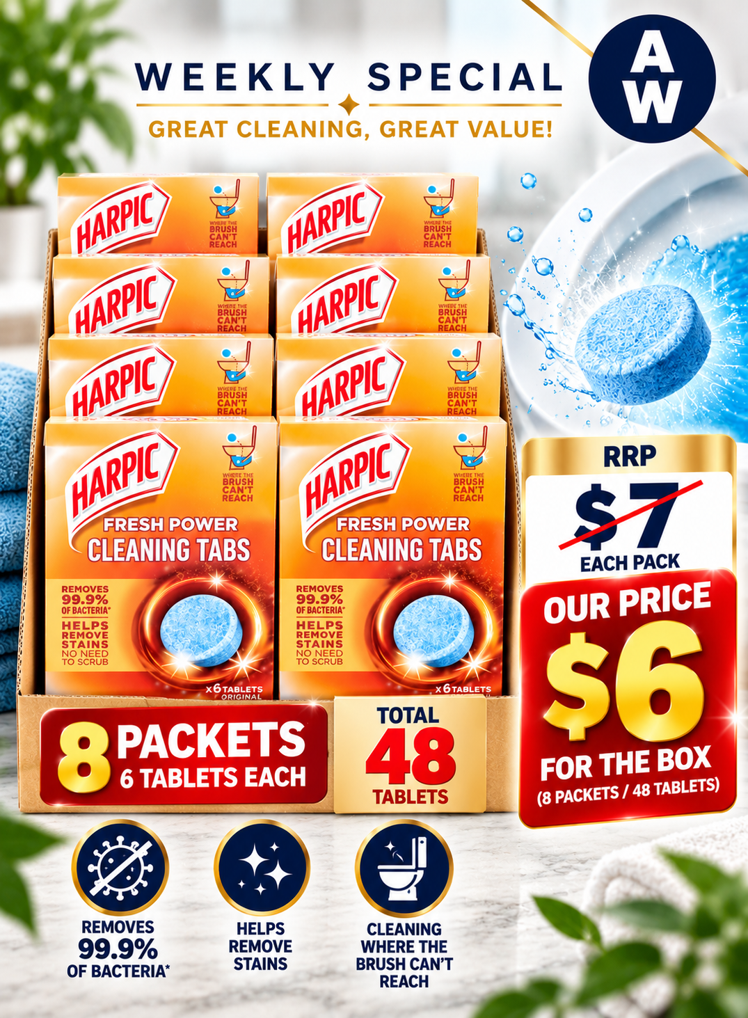 BOX WITH 8 PACKETS OF HARPIC CLANING TABS - RRP $7 PER PACKET